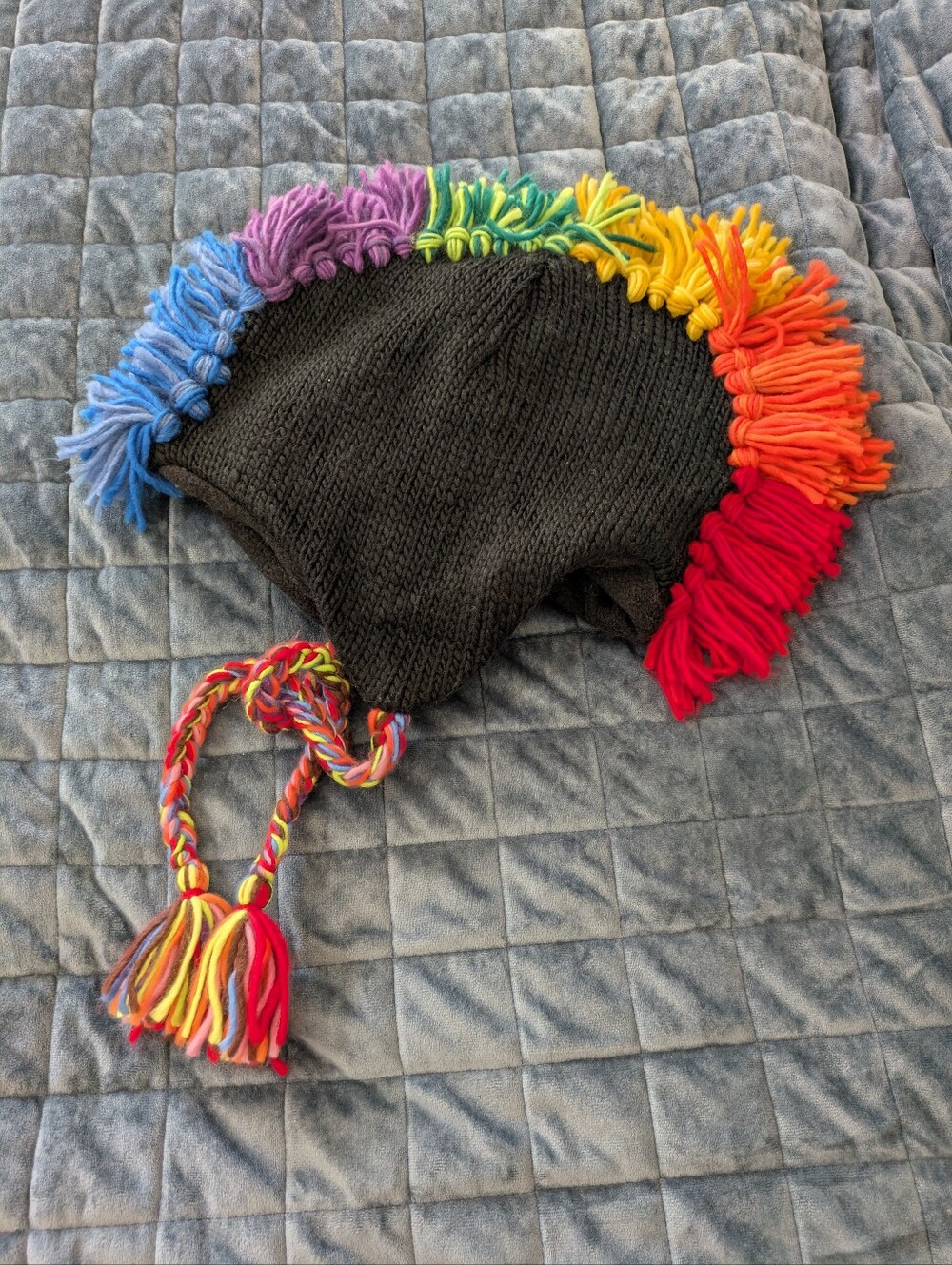 Black Knit Mohawk Hat with Rainbow Fringe